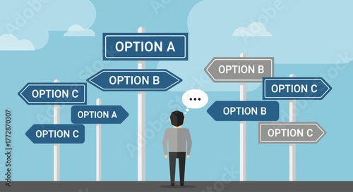 A person stands at a crossroads, contemplating numerous paths marked with different options, symbolizing decision-making and uncertainty