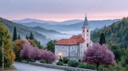 Historic Red Roofed Church Amidst Misty Mountains and Spring Blossoms in the Early Morning Light