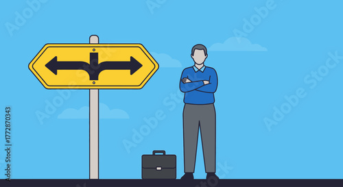 Businessman Standing At A Crossroads Sign Illustrating Decision Making and Career Path Choices