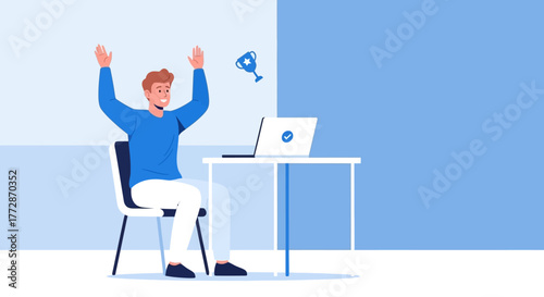 Excited man celebrating success while sitting at a desk with a laptop and trophy