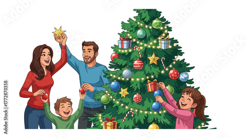Festive Family Moment: A heartwarming scene unfolds as a family gathers to decorate their Christmas tree. Filled with festive spirit and Christmas ornaments.