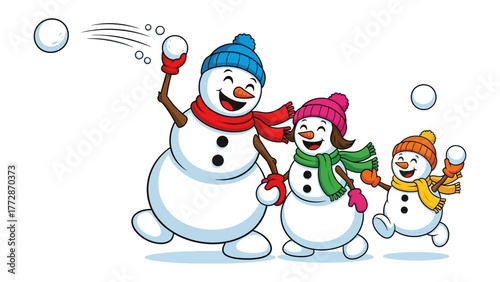 Snowy Family Fun: A cheerful family of snowmen engaging in a playful snowball fight, embodying the joy of winter, the spirit of togetherness, and the magic of the season.