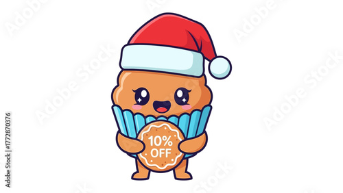 Festive Sweet Treat: A charming cartoon cupcake, adorned with a Santa hat, gleefully offers a tempting 10% OFF sign, perfect for holiday promotions. 