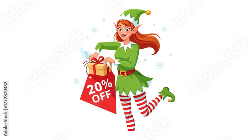 Festive Elf with Holiday Bargain: A cheerful elf, adorned in a vibrant green ensemble, extends a gift while showcasing a tempting discount on a shopping bag.
