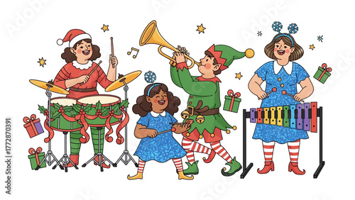 Holiday Band's Festive Frolic: A whimsical illustration of a jovial holiday band, adorned in elf hats and spirited attire, is joyfully making music. Featuring a percussionist, a trumpet player.