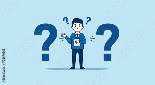 Illustration of a perplexed man standing between two large question marks, conveying uncertainty and confusion in a decision-making process