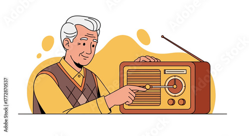 Senior man enjoying music from an old-fashioned radio, illustrating a nostalgic hobby and leisure activity