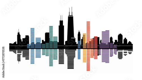 City Silhouette with Reflection: A stunning graphic silhouette of a city skyline, with an evocative reflection creating a sense of balance. The design is colorful.