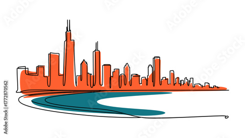 City Skyline: An abstract illustration of a modern city skyline against a serene body of water. Featuring the city's architectural silhouette with minimalist strokes.