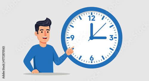 Time management concept with a happy man pointing at a clock, symbolizing productivity and efficiency in daily life and work schedules