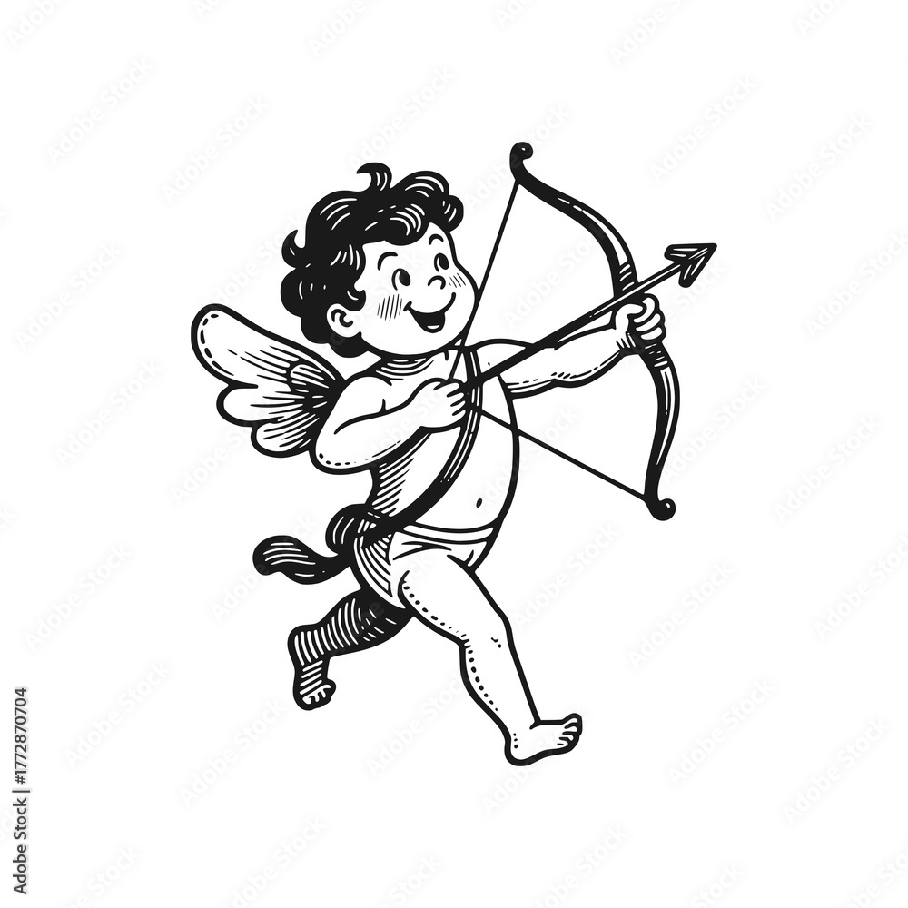 Fototapeta premium Love angel with arrow. Black white vector illustration.