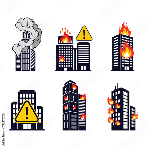 Burning buildings and skyscrapers with warning signs Illustrations, symbolizing urban fire hazards.
