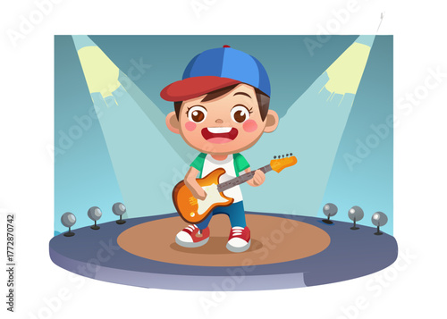 A happy 3D cartoon boy playing guitar on stage with bright lights, wearing cap and sneakers, smiling confidently, musical performance vibe