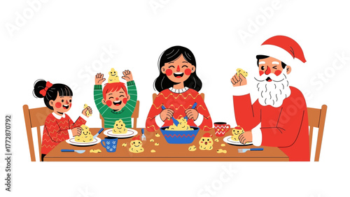 Family Christmas Gathering: Festive family joyfully gathered around a table, playfully creating festive treats, with Santa's presence adding to the merriment.