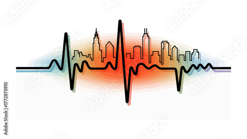 City Pulse: A dynamic graphic, symbolizing the heartbeat of a cityscape, uses line art to capture the energy and rhythm of urban life, with a backdrop of colorful waves.