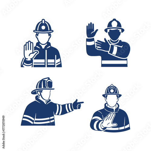 Firefighter hand signals for communication and coordination during emergency situations icons set Illustration.