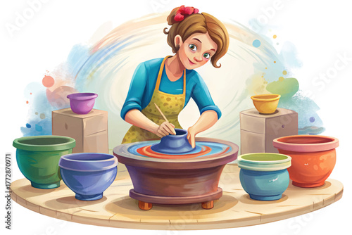 Female artisan painting glaze vector illustration on ceramic bowl in modern pottery workshop