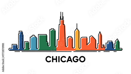 Chicago Skyline in Colorful Silhouette: The skyline of Chicago is artistically rendered as a colorful silhouette, showcasing its iconic architecture against a clean backdrop.