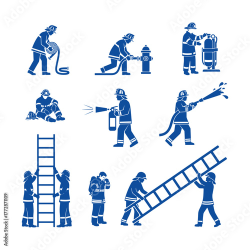 Firefighters in action icons set, demonstrating various actions, rescue and firefighting techniques, bravery and dedication in various emergency scenarios