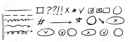 Hand drawn doodle sketch. Drawing illustration vector graphic. artistic element symbol icon sign mark arrow star circle square line. Isolated on white background.