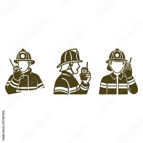 Firefighter using radio for communication, coordinating efforts during emergency response icons set.