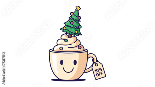 Festive Drink Delight: A whimsical illustration features a charming cup of holiday beverage, playfully topped with a miniature Christmas tree, a cheerful nod to seasonal joy and special offers.