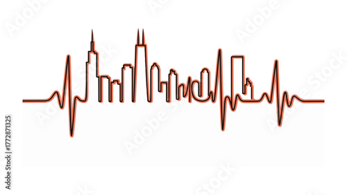 Urban Pulse: A stylized depiction of a city skyline is seamlessly integrated into a heartbeat rhythm, representing the vibrant energy and dynamic pulse of urban life. 