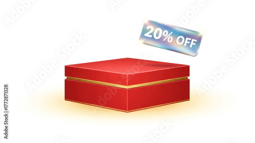 Offer and gift box : The image presents a vibrant red gift box, radiating with an attractive glow, with a floating offer of 20% OFF, capturing attention and promoting a limited-time special offer.