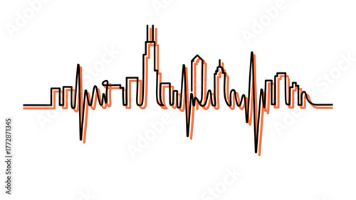 Chicago Skyline Heartbeat: A dynamic line art interpretation of the iconic Chicago skyline, ingeniously integrated with a heartbeat waveform, symbolizing the vibrant pulse of a great city.
