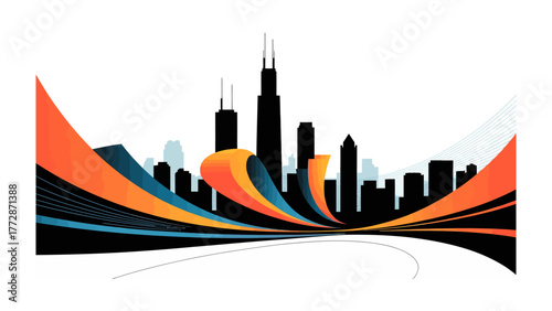 Cityscape Abstract: A stylized silhouette of a cityscape. The skyscrapers rise against a backdrop of flowing, colorful abstract elements, giving a dynamic feel.