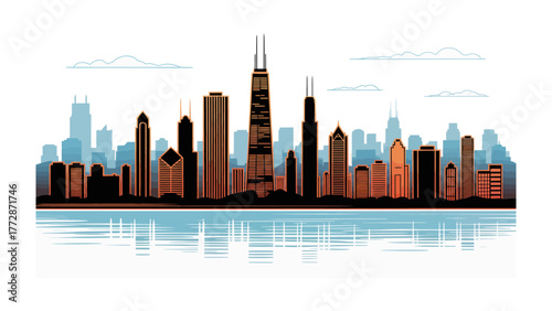 Cityscape Silhouette: A stylized cityscape silhouette, featuring iconic buildings reflected in tranquil waters, depicts the urban landscape.