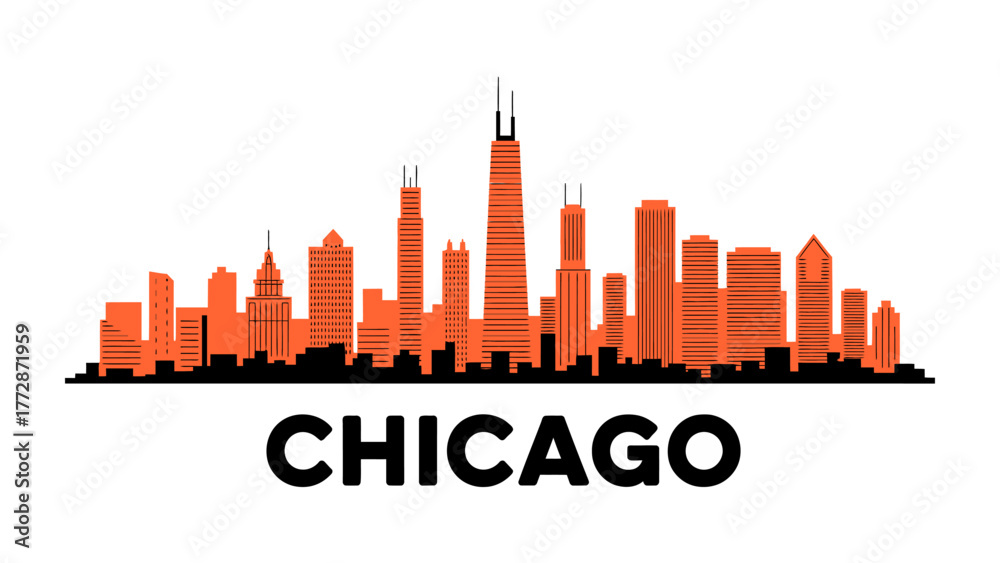Naklejka premium Chicago Skyline Silhouette: A striking silhouette of the iconic Chicago skyline, with towering skyscrapers and architectural landmarks. Depicting the city's urban energy and architectural heritage