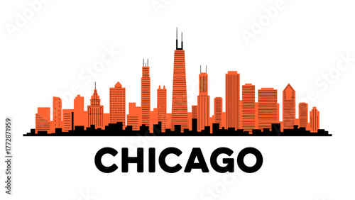 Chicago Skyline Silhouette: A striking silhouette of the iconic Chicago skyline, with towering skyscrapers and architectural landmarks. Depicting the city's urban energy and architectural heritage
