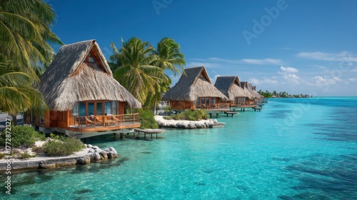 Colorful bungalows rest on stilts above a calm lagoon with vibrant turquoise waters and lush palms.