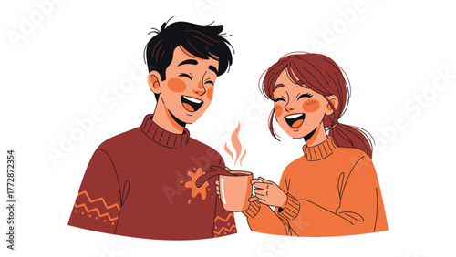 Warm Shared Moment: A couple shares a warm beverage, their faces lit with shared laughter. It's a moment of connection, joy and comfort, perfect for illustrating themes of companionship, happiness.