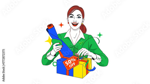 Woman unveils a gift: A cheerful woman unwraps a beautifully wrapped gift. It could represent opening a new opportunity.