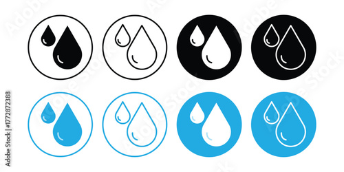 Water drops icons. Water drop shape. Blue annd black water drops symbol. Vector illustration