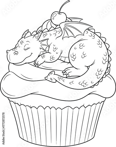 Cute Sleeping Dragon on a Cupcake Outline - Fantasy Dessert for Kids' Coloring Books and Sweet Designs