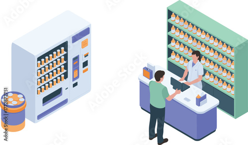 Isometric illustration of pharmacy interior with pharmacist assisting customer at counter, medicine shelves and vending machine in modern drugstore