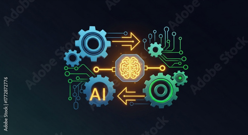 Artificial intelligence concept with gears, brain, and circuit board elements, symbolizing the integration of technology and human intelligence