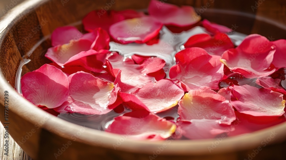 custom made wallpaper toronto digitalA wooden bowl filled with water and vibrant red rose petals. The petals are scattered across the water's surface, creating a beautiful and romantic scene.