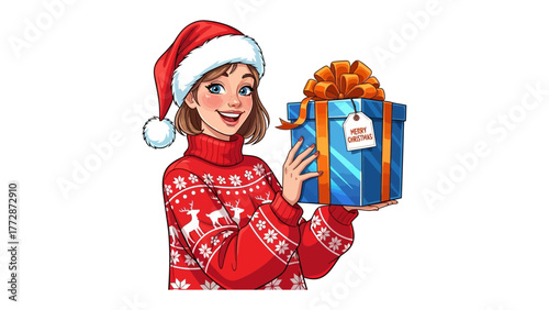 Joyful Christmas Gift: A cheerful young woman, adorned in a festive Christmas sweater and hat, presents a beautifully wrapped gift box, embodying the spirit of holiday generosity and excitement.