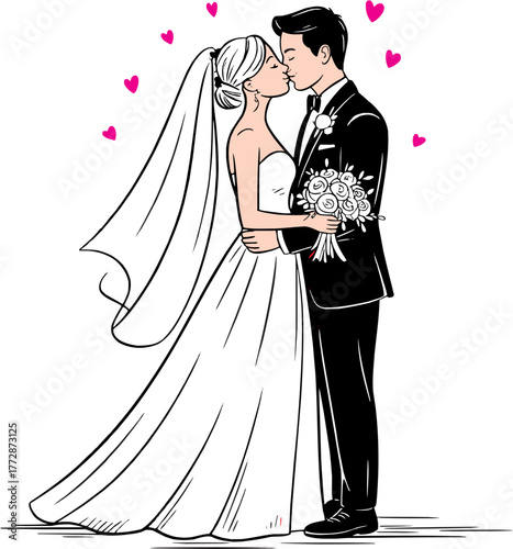 Wedding couple icon set. Romantic related line icons: bride, groom, ceremony, love, kiss, romance, celebration, marriage, engagement, and more. Editable stroke. Vector illustration.