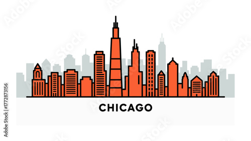 Chicago City Skyline: An elegant illustration of the Chicago skyline, featuring its iconic skyscrapers, creating a sense of urban energy and architectural grandeur.