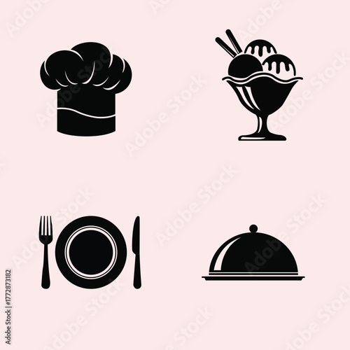 Culinary Delights: This image is a black and white illustration, a collection of culinary icons represents the essentials of dining.