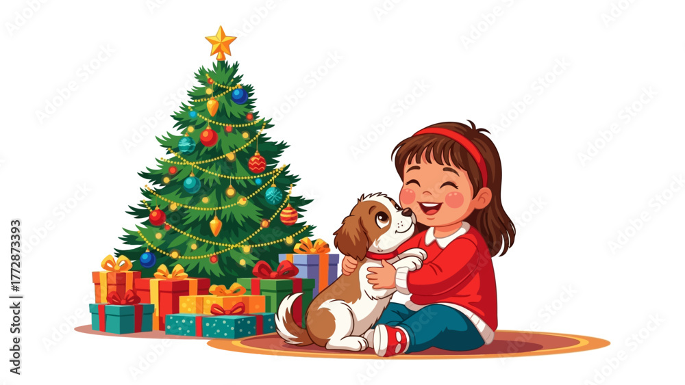 Fototapeta premium Christmas Joy: A young girl's heartwarming moment with her puppy, filled with festive cheer and surrounded by gifts and a beautifully decorated Christmas tree.