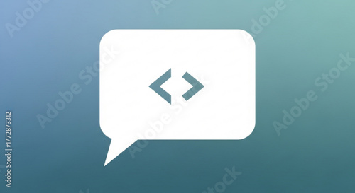 A simple illustration of a code chat bubble on a gradient background, representing communication, technology, and software development in a modern design