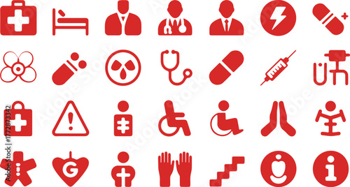 Hospital Signage Icon Set, Clinic Nurse Doctor Pharmacy Medication Vaccination Syringe Patient Room Operating Radiology MRI Silhouette Vector Illustration