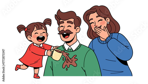 Joyful Spillage: A moment of familial mirth as a child playfully pours liquid over a father's shirt, eliciting laughter from the mother and creating a scene of innocent fun and endearing chaos.
