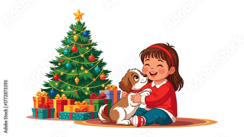 Christmas Joy: A young girl's heartwarming moment with her puppy, filled with festive cheer and surrounded by gifts and a beautifully decorated Christmas tree.